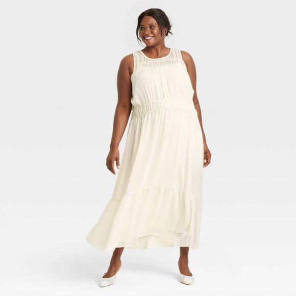 Women's Sheer Chiffon Maxi Dress - A New Day™ Cream M: Sleeveless Crew Neck - Picture 2 of 3